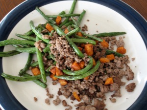 Post-Workout Bliss: 1/4 lb grass fed beef, sauteed green beans and sweet potato hash.